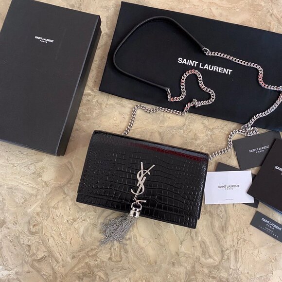AUTHENTICSAINT LAURENT KATE SMALL CHAIN BAG WITH TASSEL IN CROCODILE-EMB